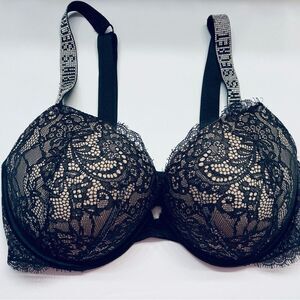 Victoria's Secret Very Sexy LACE RHINESTONE‎ SHINE STRAP PUSH UP BRA Black 34D